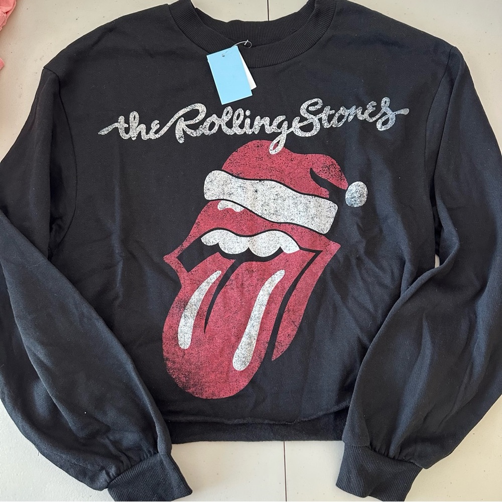 The Rolling Stones Holiday Santa Sweatshirt cropped with raw hem